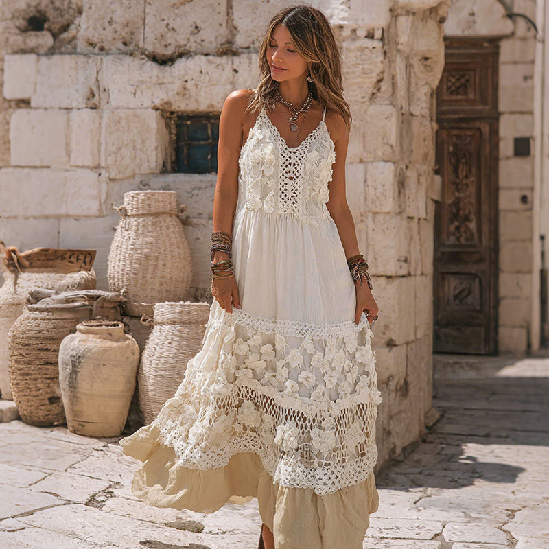 Women's Vintage Floral Embroidered Art Suspender Midi Dress elevenforest