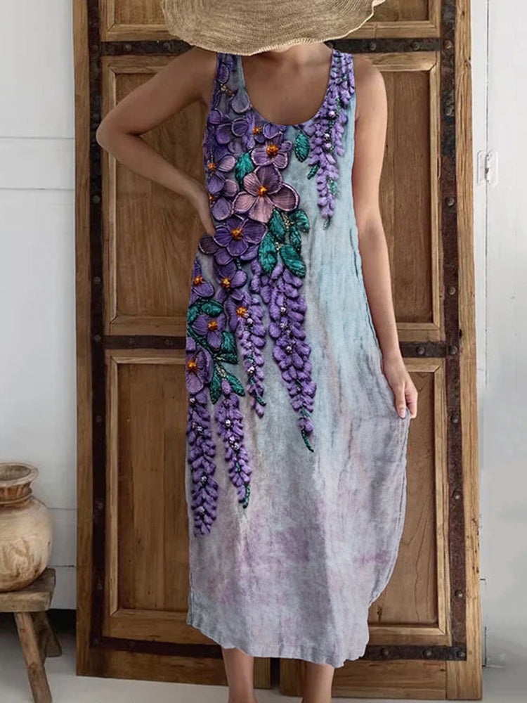 Romantic Purple Floral Embroidered Linen Blend Dress elevenforest