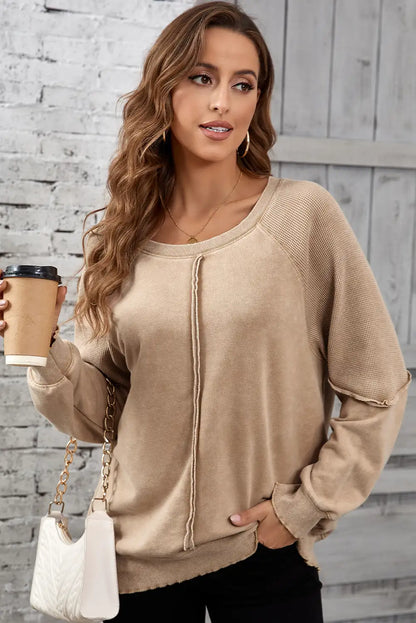 French Beige Waffle Knit Raglan Sweatshirt