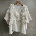 Bohemian Style Woman's V-neck White Rose Short-sleeved Shirt elevenforest