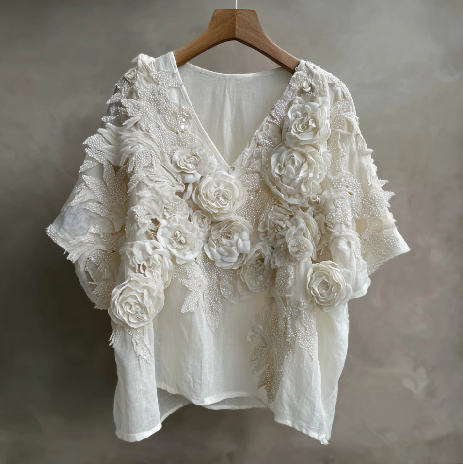 Bohemian Style Woman's V-neck White Rose Short-sleeved Shirt elevenforest