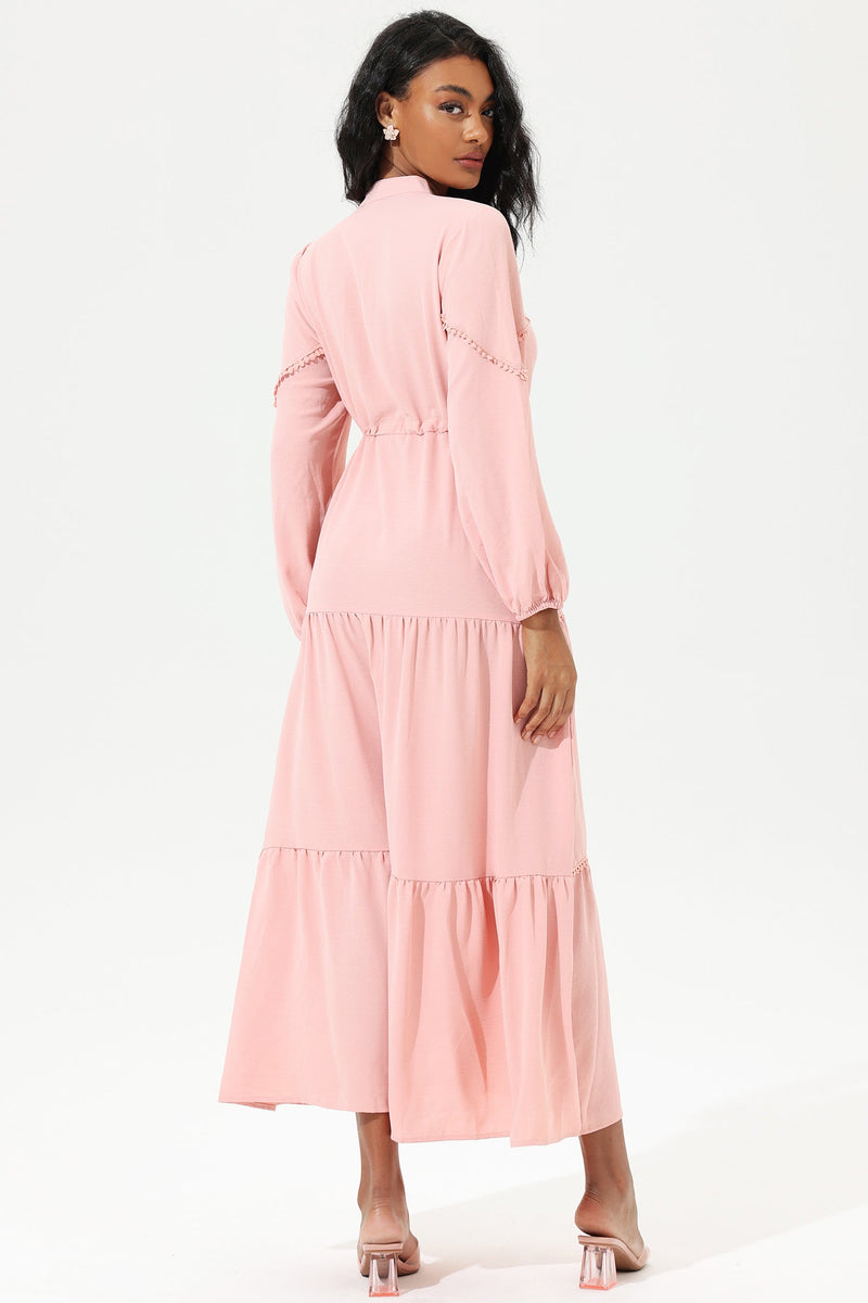 Long Sleeve Lace Up Midi Dress Pink