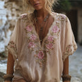 Bohemian Style Embroidered Floral Pink Flowers Linen Vintage V-neck Short-sleeved Shirt elevenforest