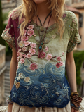 Classy Vintage Gradient Japanese Sakura Cherry Blossoms Embroidered Pattern Linen V Neck T-shirt elevenforest