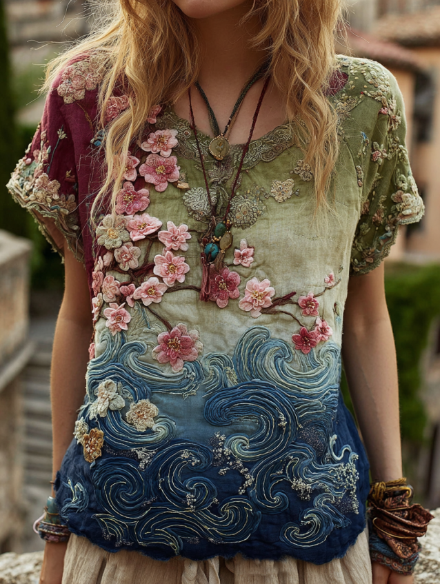 Classy Vintage Gradient Japanese Sakura Cherry Blossoms Embroidered Pattern Linen V Neck T-shirt elevenforest