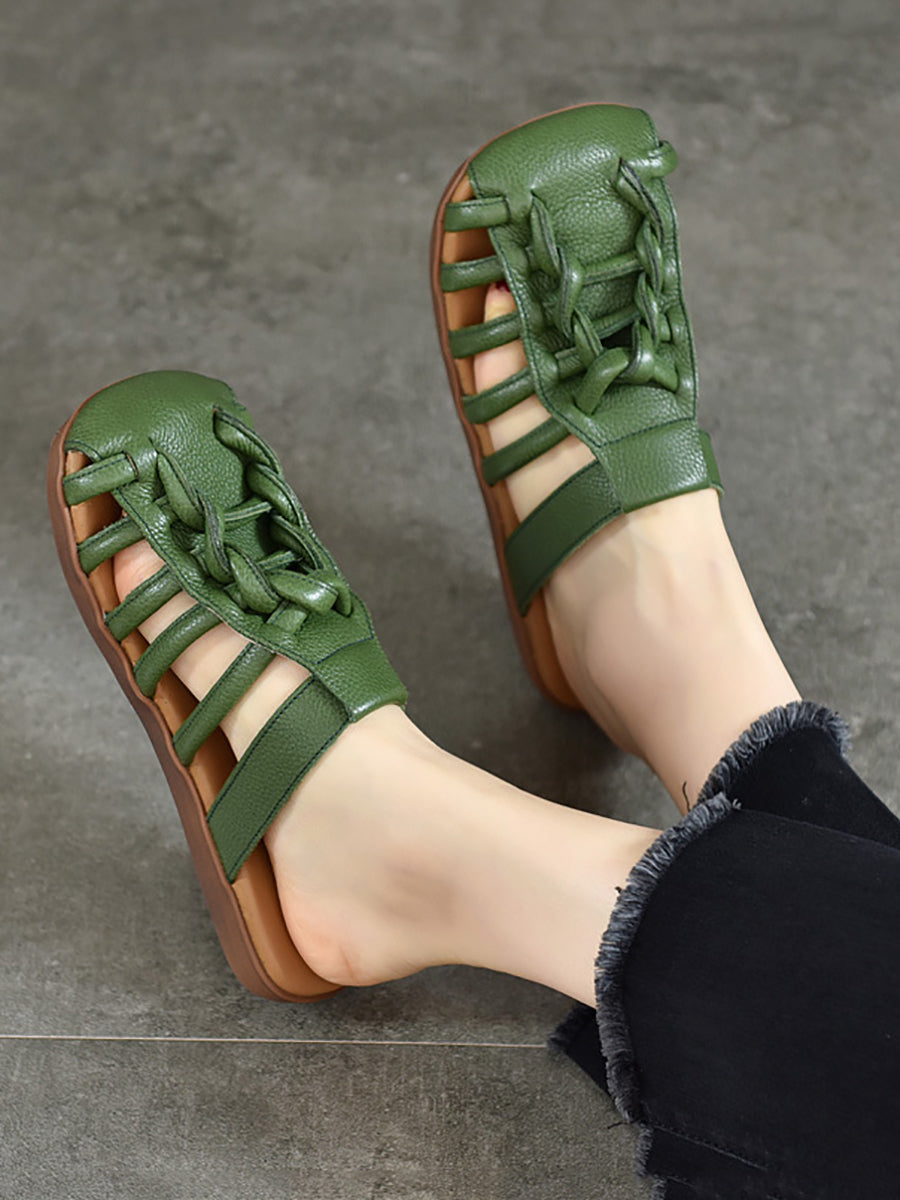 Summer Leather Spliced Flat Slippers Ui1025