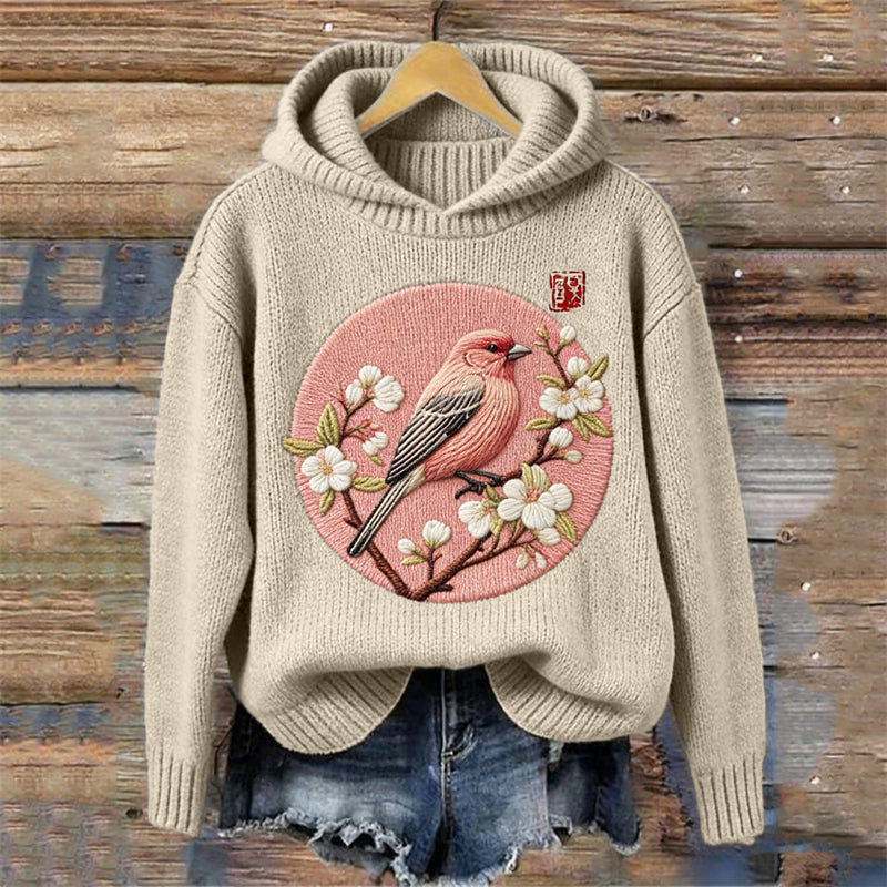 Japanese Bird & Plum Blossom Cozy Knit Hooded Sweater elevenforest