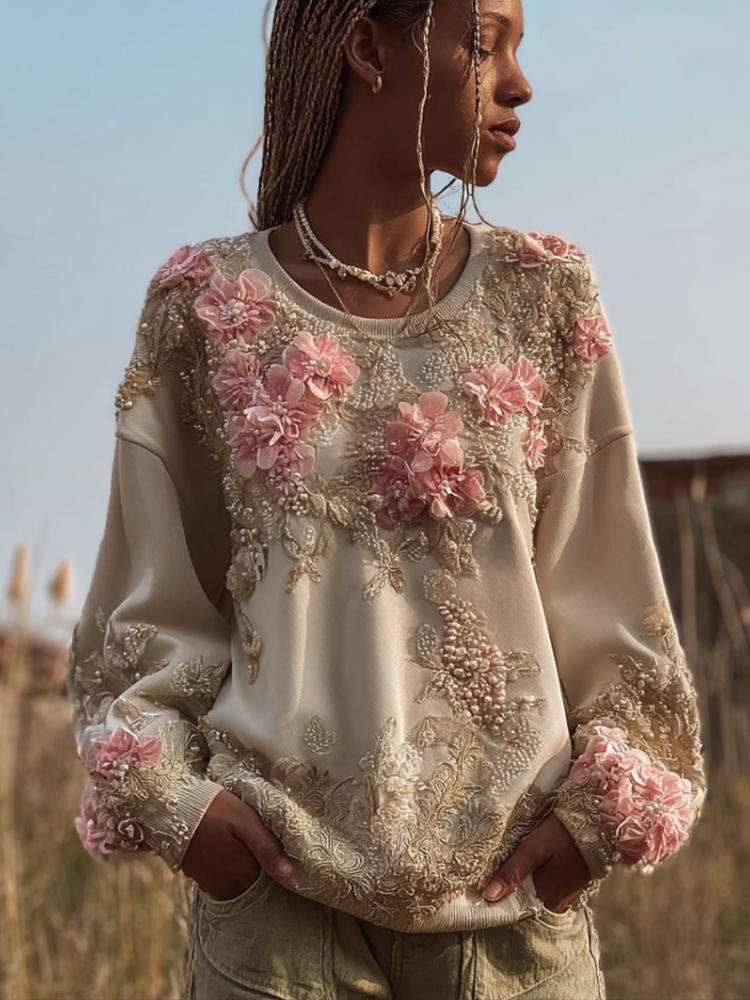 Bohemian Style Round Neck Long Sleeve 3d Floral Design Women's Top elevenforest