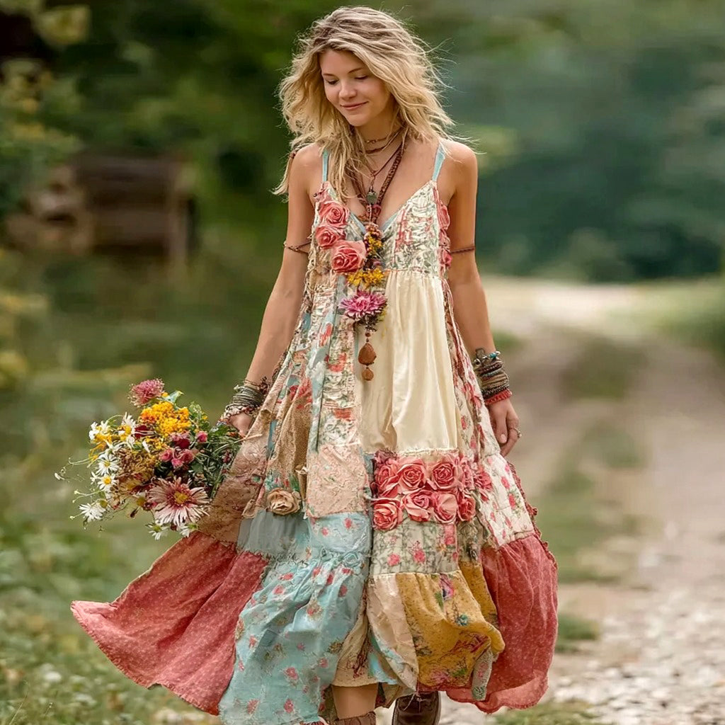 Women's Vintage Boho Floral Art Patchwork Comfy Midi Dress elevenforest