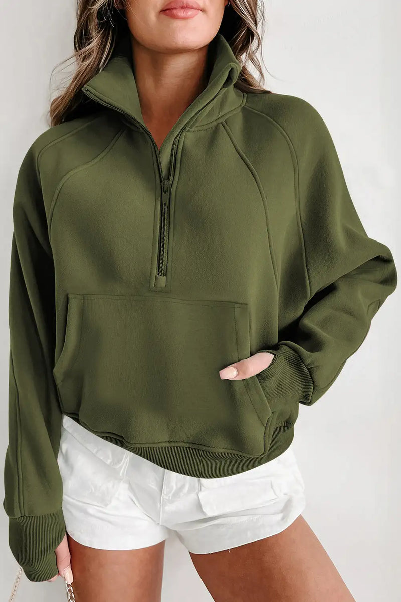 Moss Green Quarter Zip Kangaroo Pocket Sweatshirt