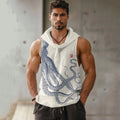 Men's Retro  Japanese Art Octopus Loose Linen Cozy Hooded V-neek Sleeveless Top elevenforest