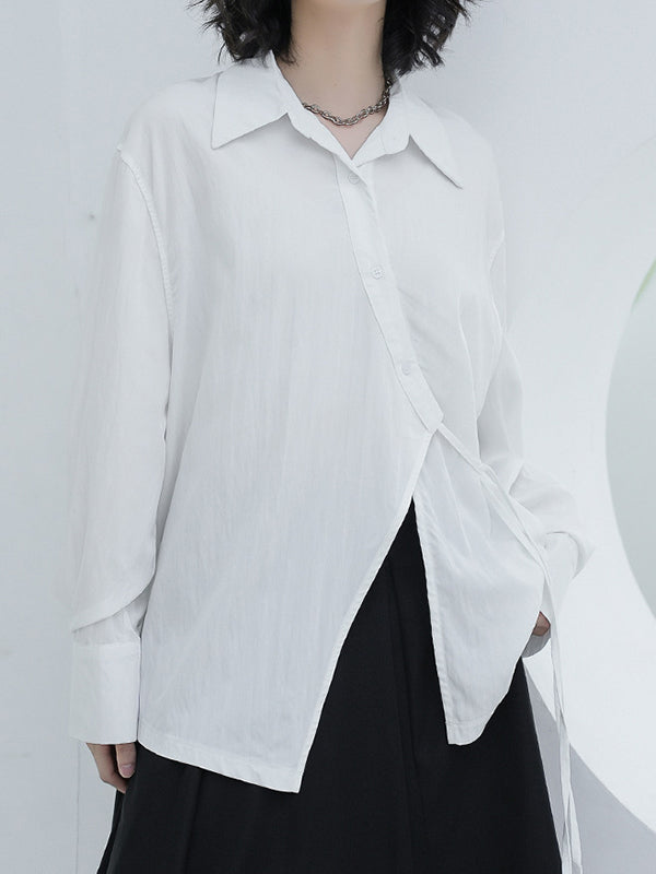 Loose Puff Sleeves Asymmetric Lace-up See-through Color Split-joint Lapel Blouses