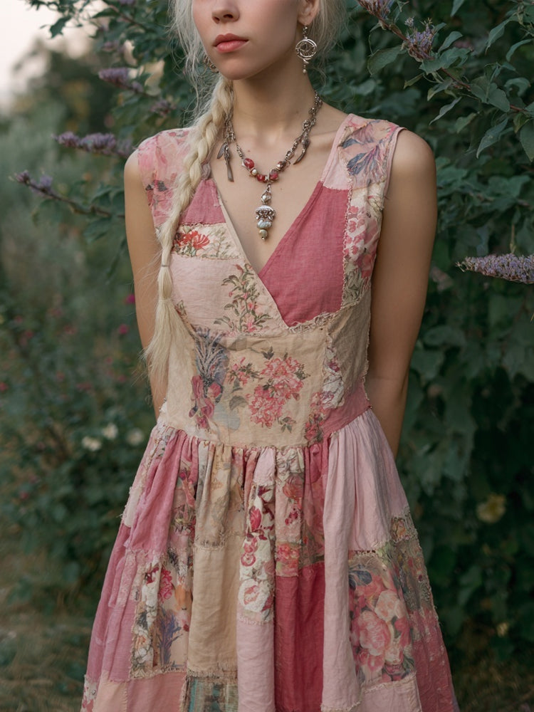 Vintage Pink Flowers Patchwork Linen Tank Dress elevenforest