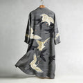 Women's Japanese Crane Art Pattern Linen Long Kimono elevenforest
