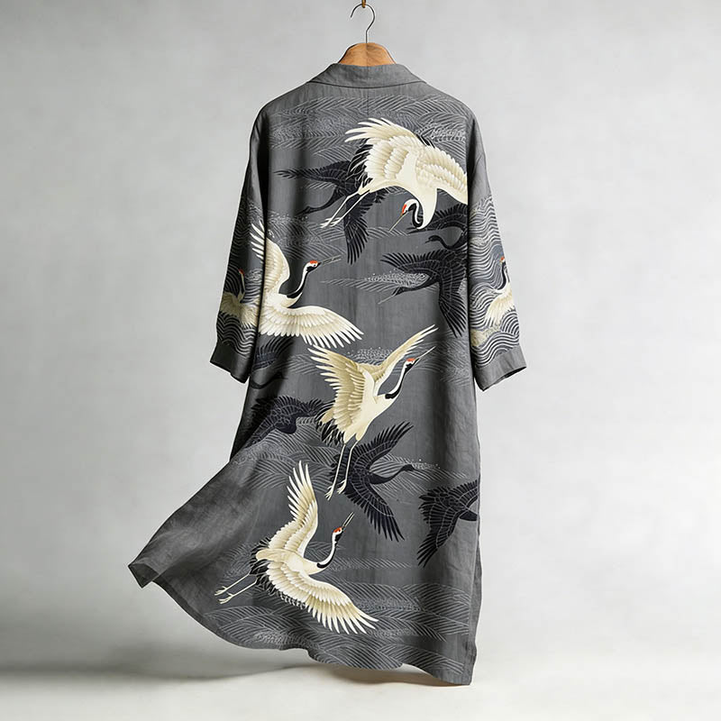 Women's Japanese Crane Art Pattern Linen Long Kimono elevenforest