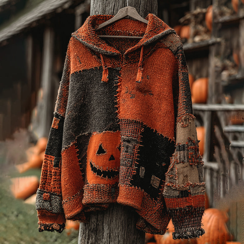 Vintage Patchwork Halloween Pumpkin Face Art Cozy Knit Hooded Sweater elevenforest