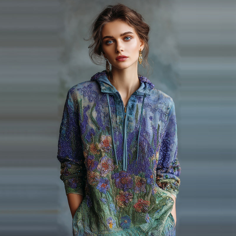 Women's Oil Painting Floral Contrast Color Sequined Zipper Hoodie elevenforest
