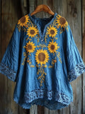 Sunflowers Embroidered Lace Patchwork Linen Blend Shirt elevenforest