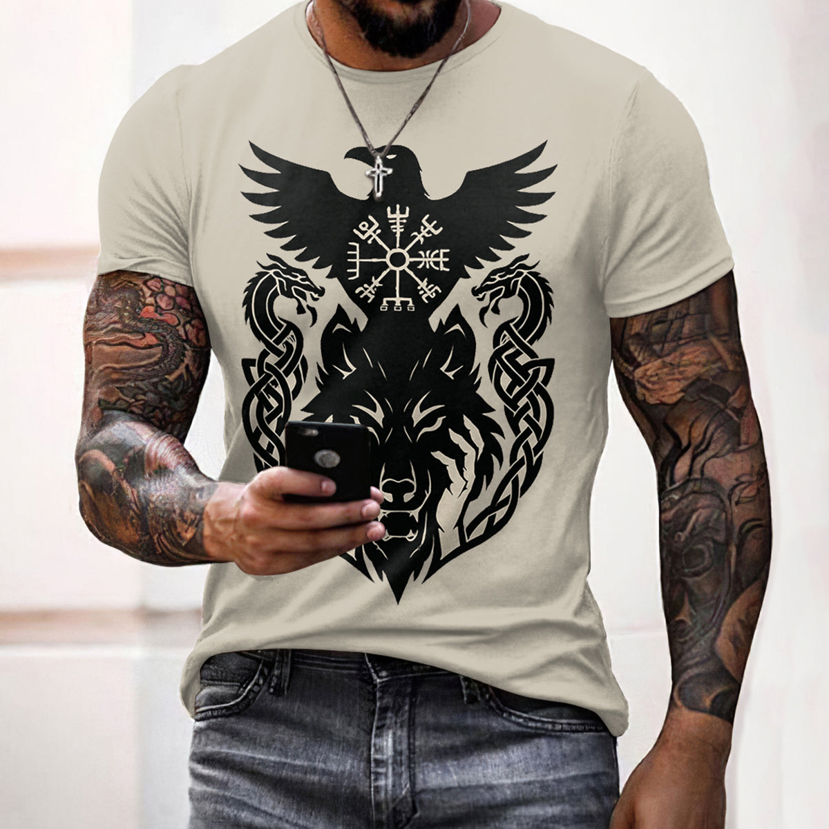 Men's Viking Tribal Wolf Crew Neck Casual T-shirt elevenforest