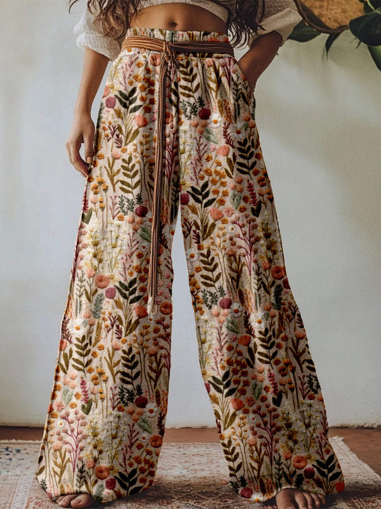 Boho Wildflower Embroidered Linen Blend Comfy Pants elevenforest