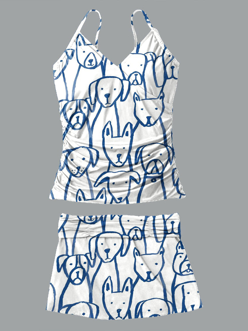 V-Neck Line Funny Dog Multicolor Puppy Art Print Suspender Skirt Tankini Pantskirt Set Swimsuit