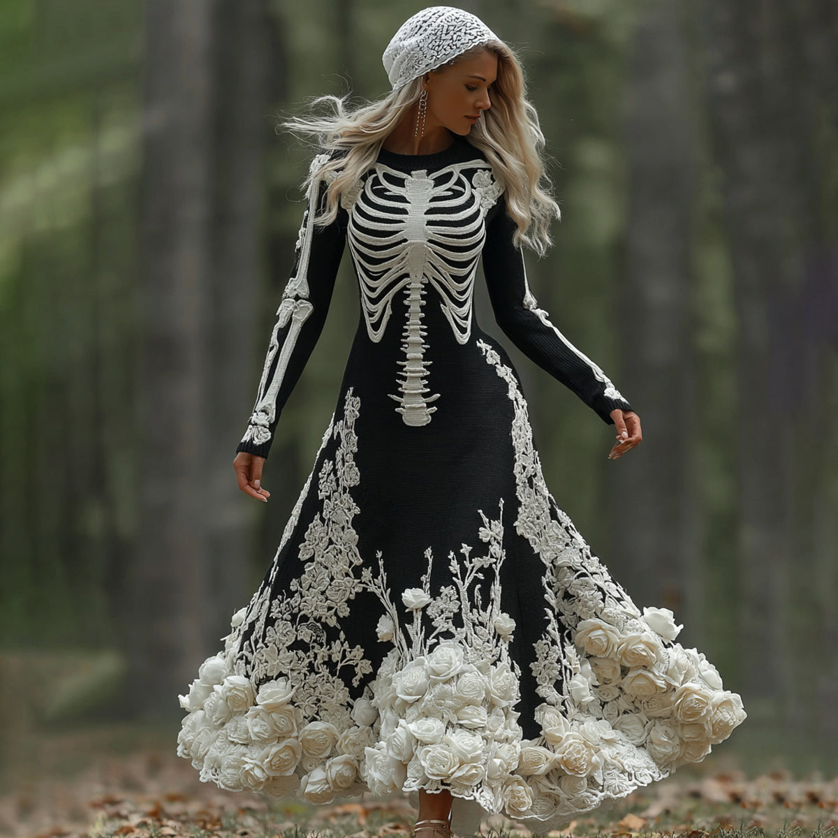 Women's Halloween Skeleton Bones With Rose Art Cozy Knitted Warm Long Sleeve Maxi Dress elevenforest