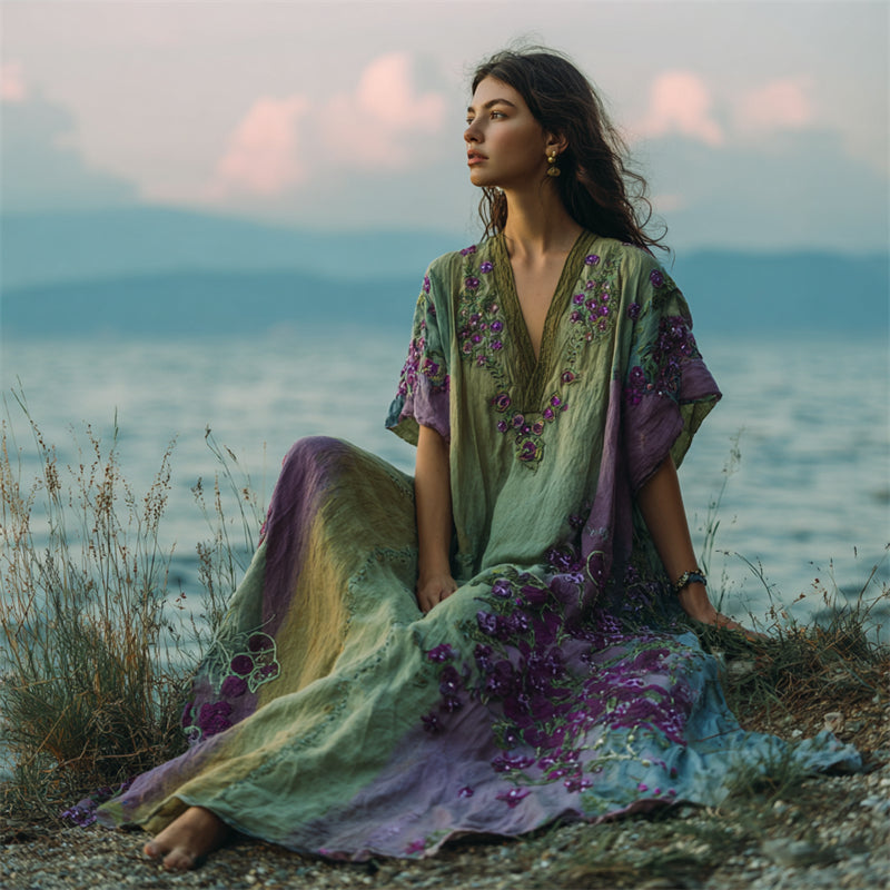 Boho Purple Floral Embroidered Gradient Linen Kaftan Maxi Dress elevenforest