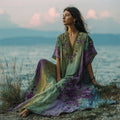 Boho Purple Floral Embroidered Gradient Linen Kaftan Maxi Dress elevenforest
