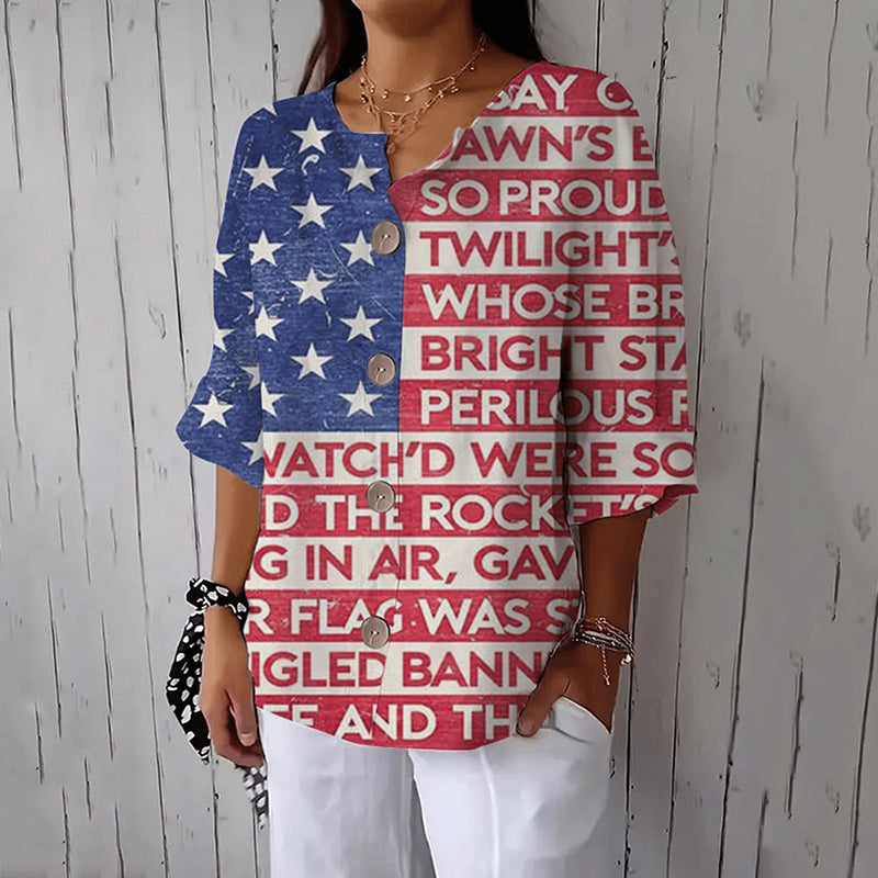 Women's Independence Day Flag Print Button Down Linen Blend Shirt elevenforest