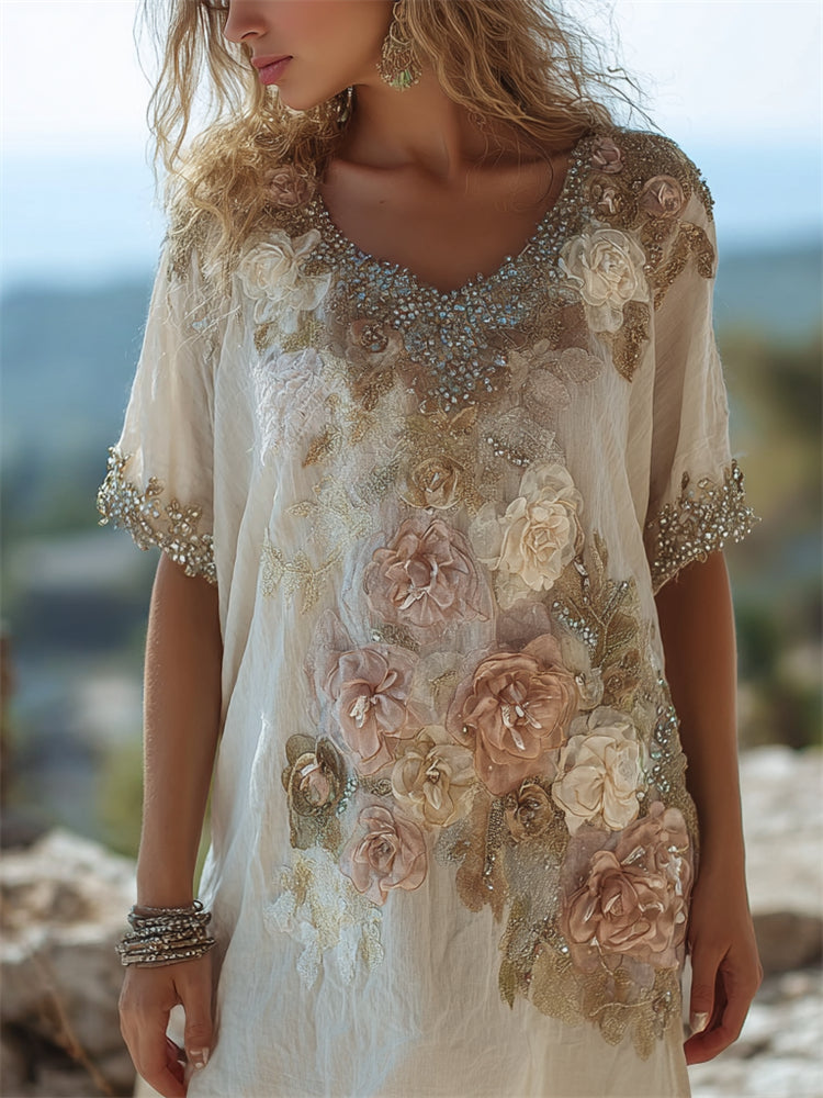 Boho Roses Glitter Fiber Art Flowy Linen Dress elevenforest