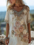 Boho Roses Glitter Fiber Art Flowy Linen Dress elevenforest