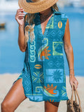 Women's Hawaiian Art Printed Casual V Neck Beach Dress