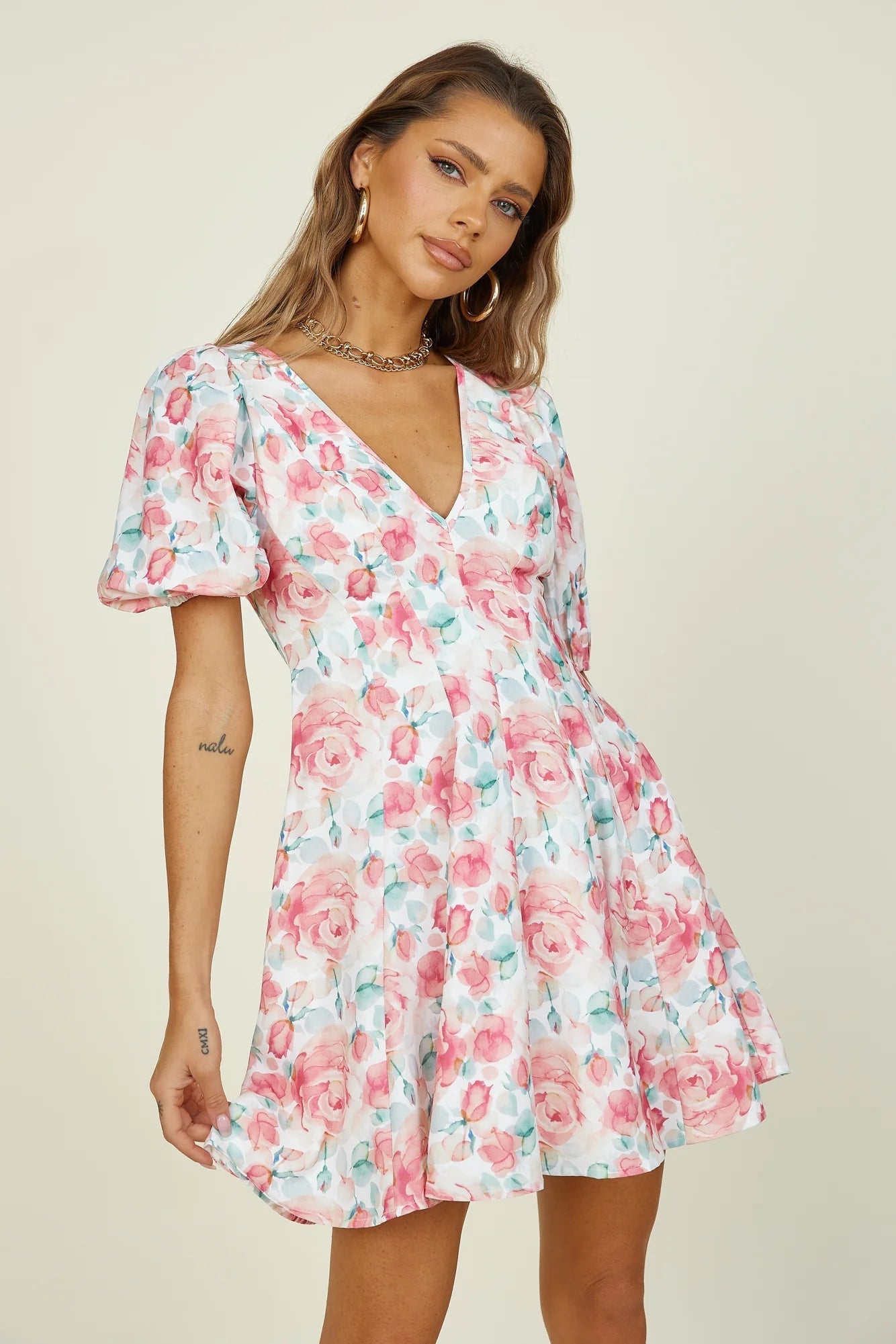 ’s Spring Summer Short Sleeve V-neck Printed Dress – Print Mini Dress