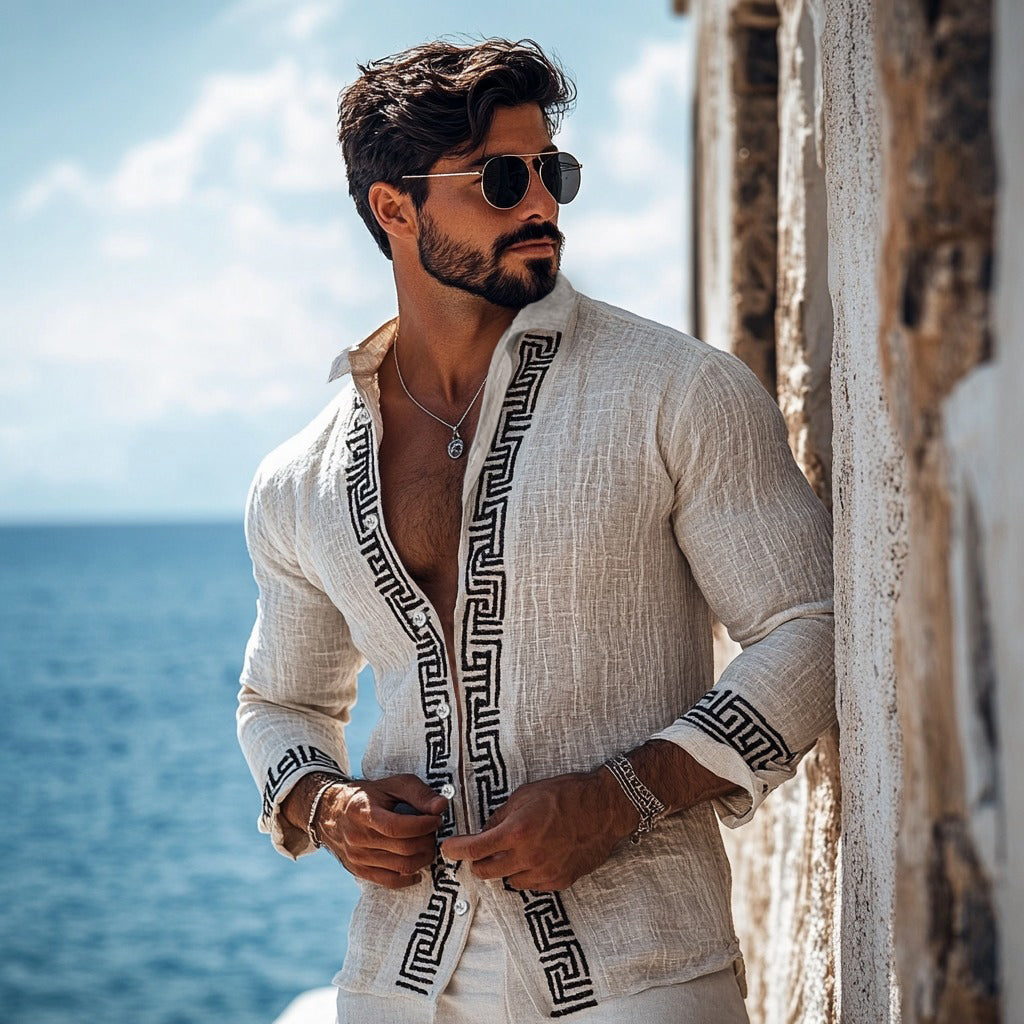 Men's Retro Greek Key Inspired Linen Blend Comfy Blouse elevenforest