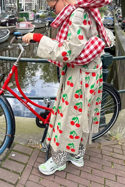 Fruit Print Long Coat Cherry Trench Coat