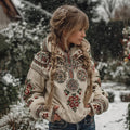 Comstylish Women's Vintage Ethnic Floral And Viking Rune Embroidered Hooded Sweater