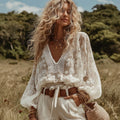 Women's Lace Floral Embroidery Long-sleeved Linen Blend T-shirt elevenforest