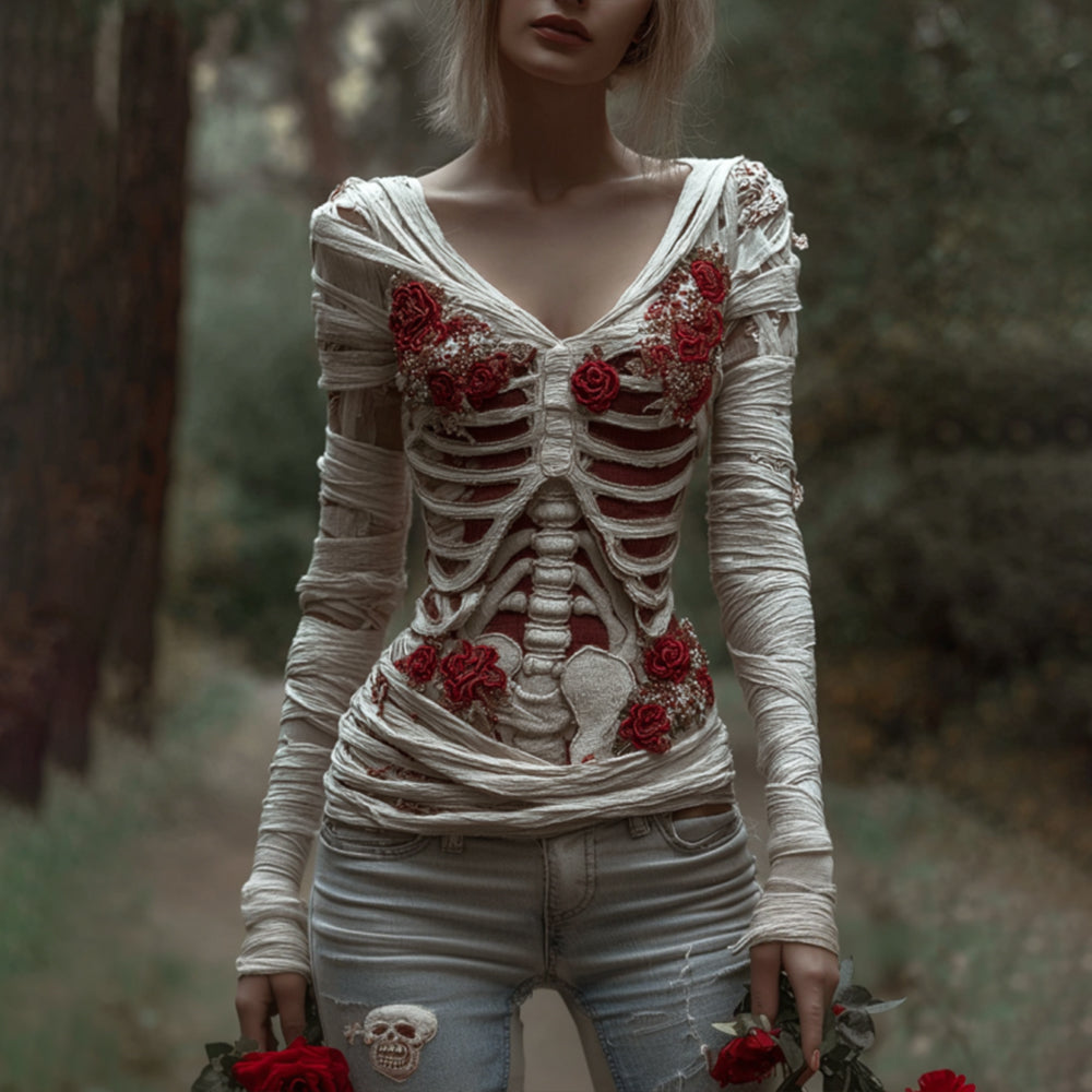 Women's Halloween Skeleton Rose Elegant Bandage V-neck Sweater artswardrobe