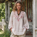 Women's Vacation Boho Floral With Butterfly Print Linen Blend Tops elevenforest