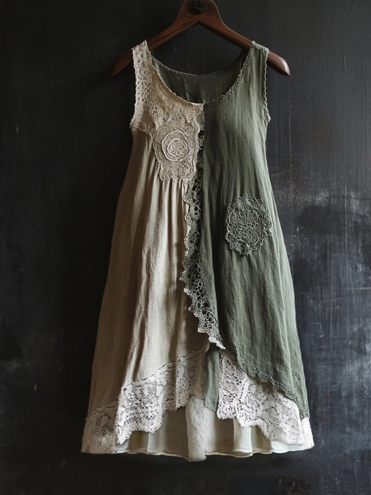 Vintage Lace Patchwork Comfy Linen Tank Dress elevenforest