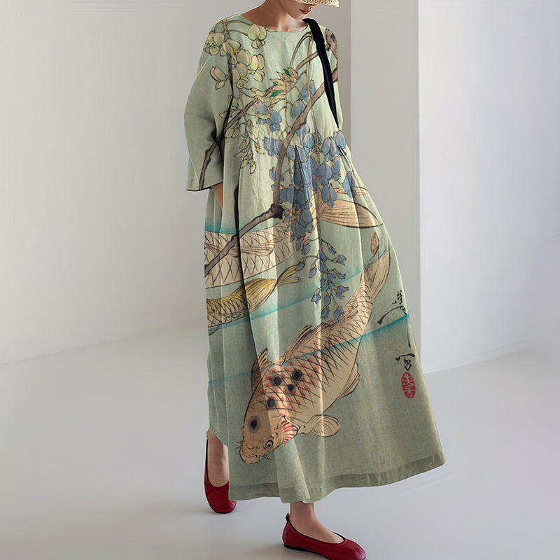 Women's Retro Japanese Flower And Fish Art Print Midi Dress elevenforest