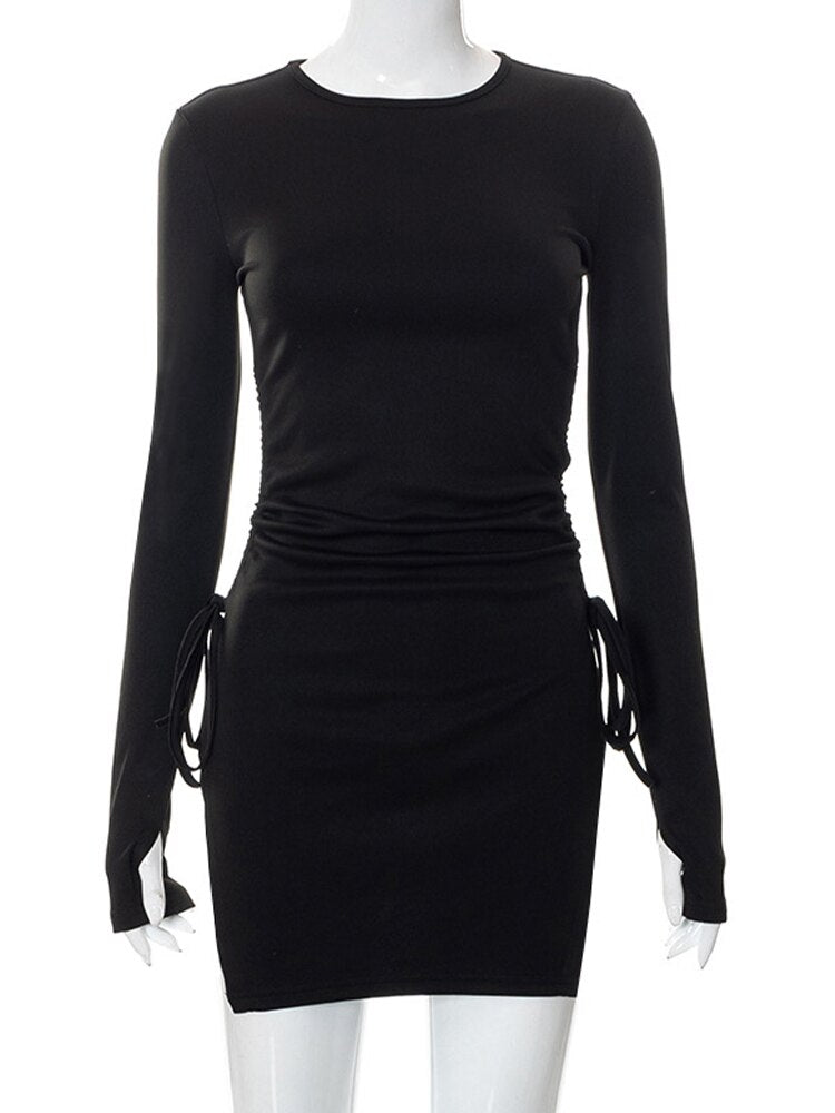 Mall Gothic Drawstring Bodycon Mini Dresses Y2k Punk Black Split Long Sleeve Dress Grunge Basic Partywear