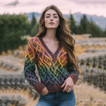 Vintage V-neck Knitted Rainbow Jacquard Irish Aran Sweater elevenforest