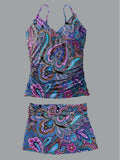 Women's Bohemian Floral Print Suspender Shirred Swimsuit Set
