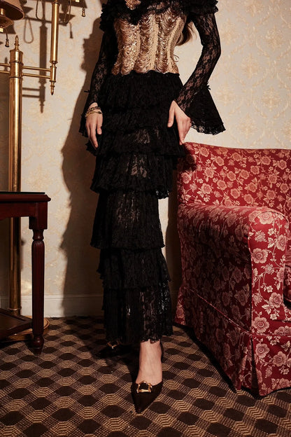 Lace Ruffle Hight Waist Maxi Skirt