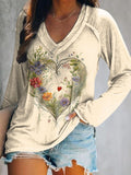 Women's Floral Heart Art Print V-Neck Long Sleeve Top
