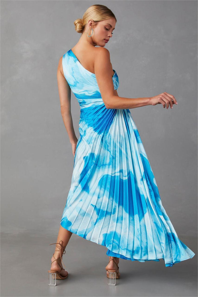 Tie Dye One-shoulder Drappped Hem Midi Dress