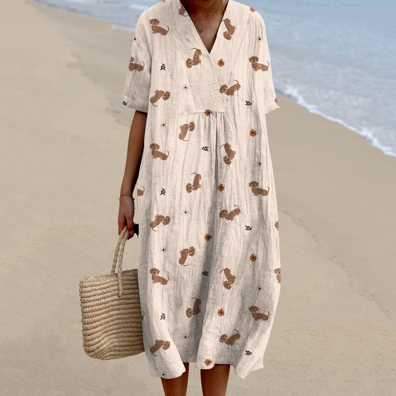 Comstylish Women's Retro Cute Dachshund Dog Art Linen Dress