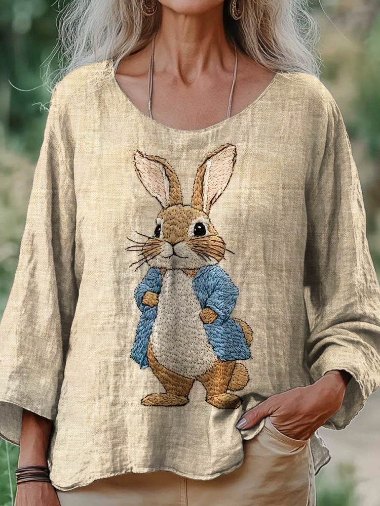 Comstylish Rabbit Gentleman Animal Embroidery Women's Linen Loose Shirt