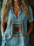 Women's Vintage Ethnic Floral Art Print Casual Short Sleeve Comfortabl